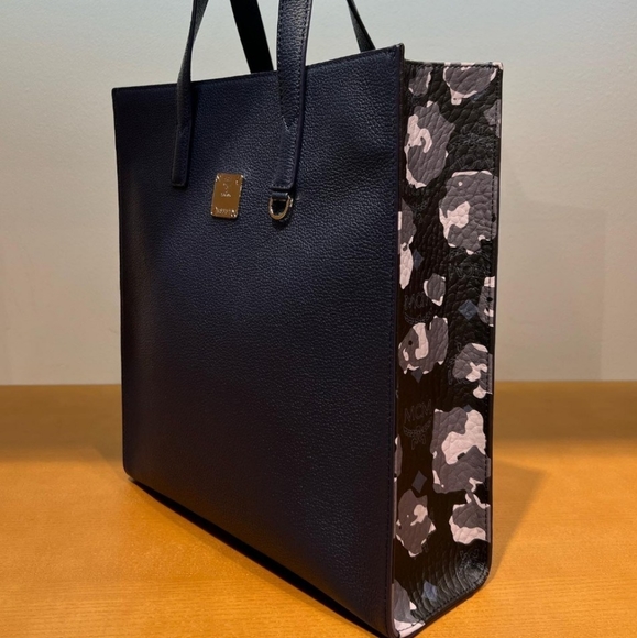 MCM Navy/Black Leather Messenger Tote Bag with Camo/Floral Print - Picture 1 of 17